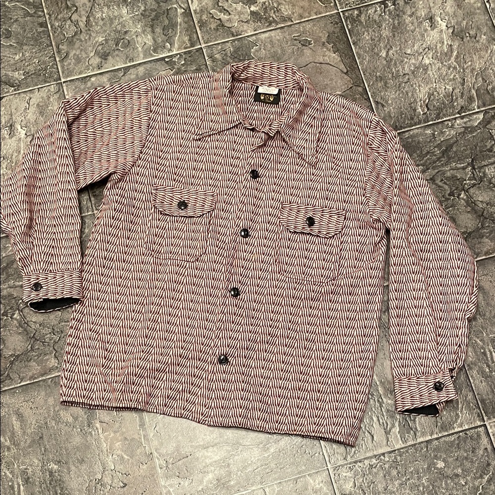 Vintage WOOLMASTER Brown White Print Button Shirt Jacket Work Coastal Cottage